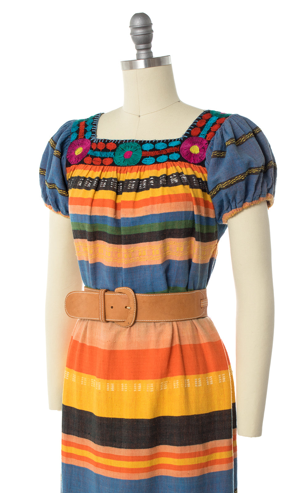 1970s Embroidered Striped Maxi Dress