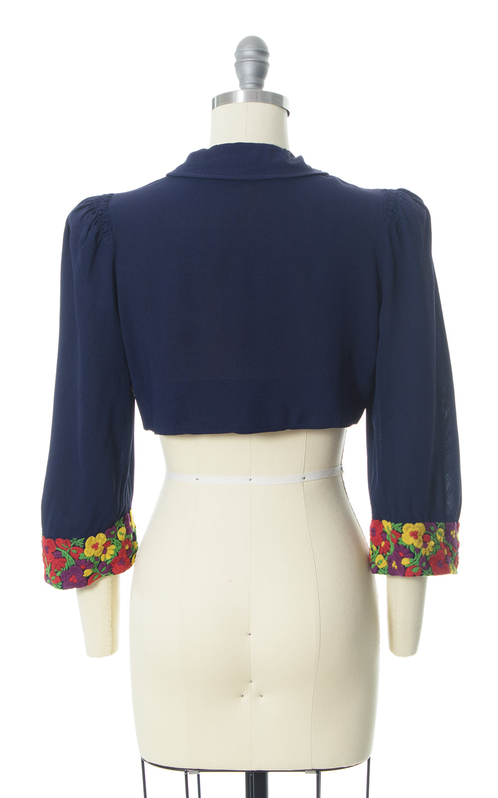 1930s Floral Embroidered Navy Blue Rayon Bolero Jacket