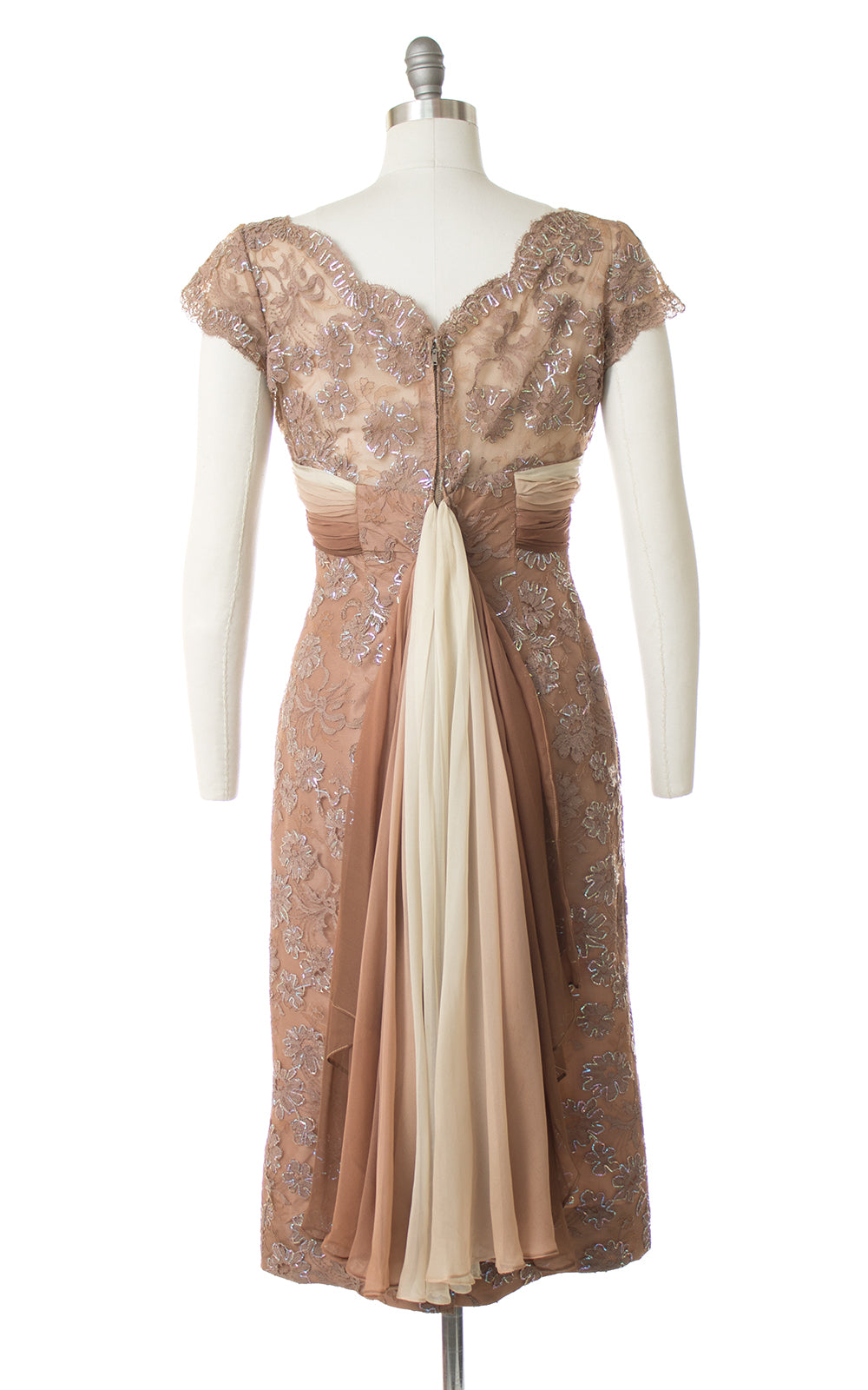 1950s Silk Chiffon Train + Lace Wiggle Dress