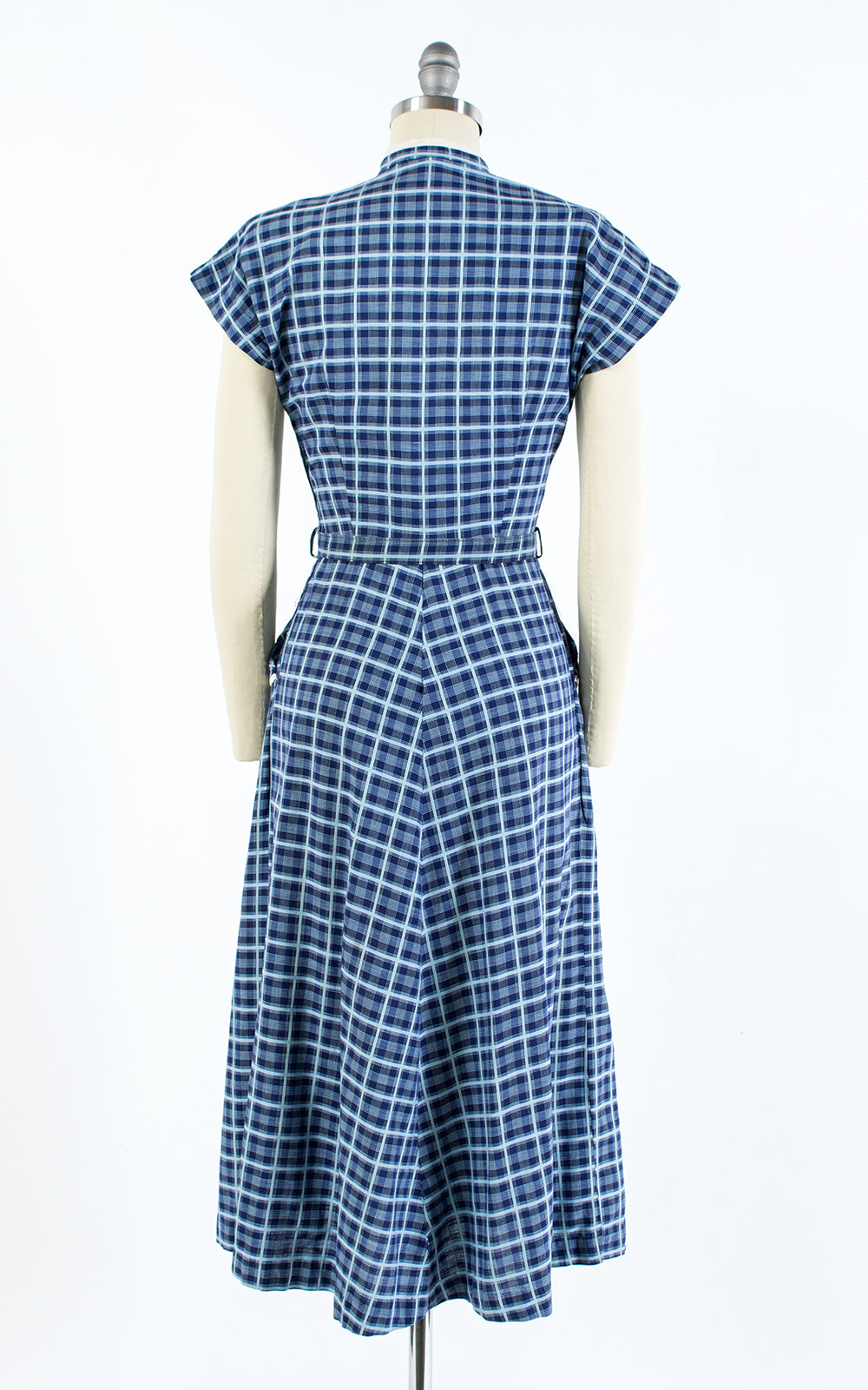 1950s Blue Plaid Cotton Shirtwaist Dress | small