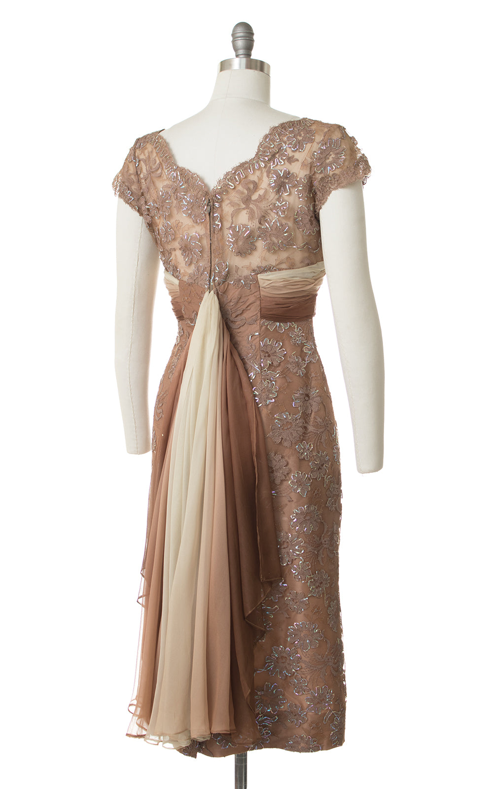 1950s Silk Chiffon Train + Lace Wiggle Dress