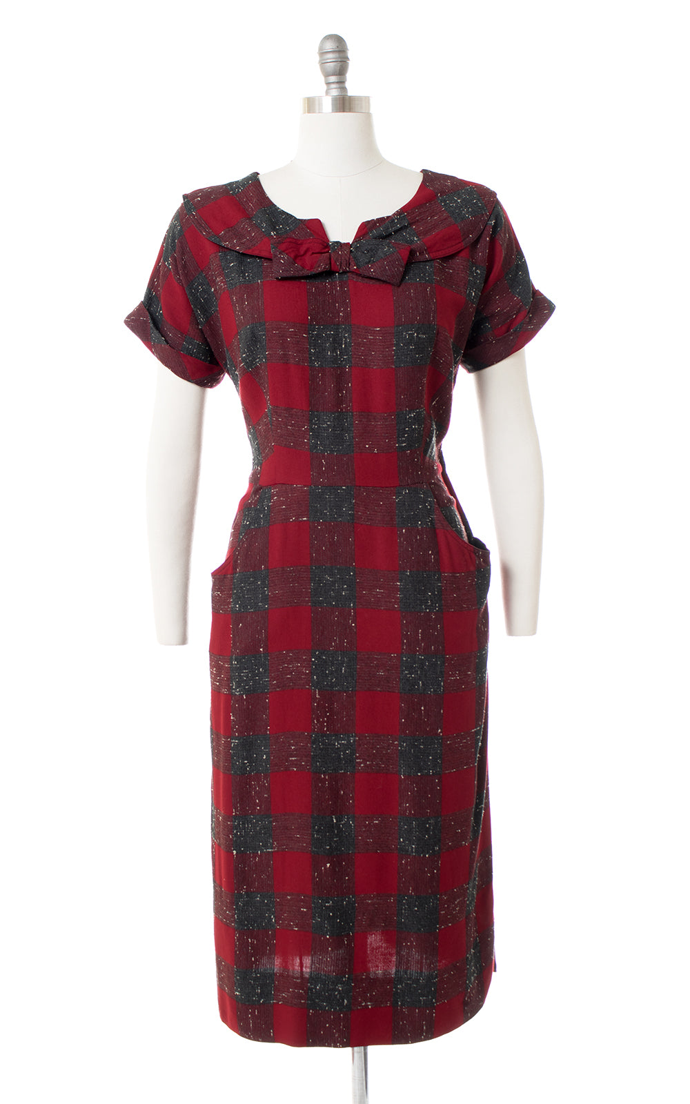 1950s Buffalo Plaid Slubbed Cotton Sheath Dress with Pockets