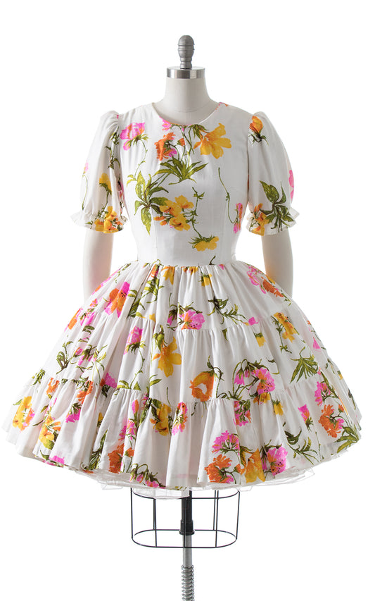 1960s Floral Puff Sleeve Circle Skirt Dress