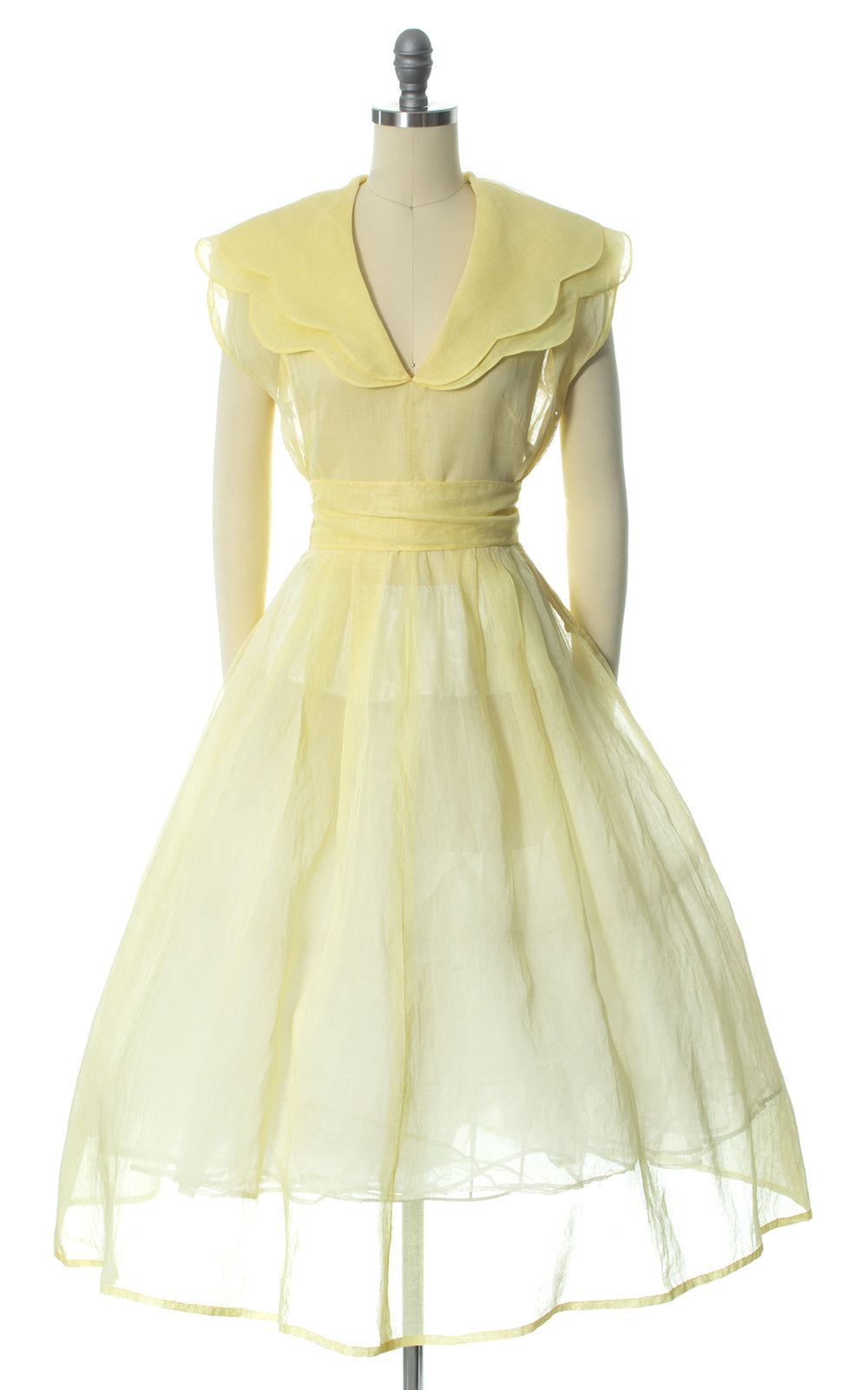 1950s Pastel Yellow Sheer Organza Scalloped Collar Dress