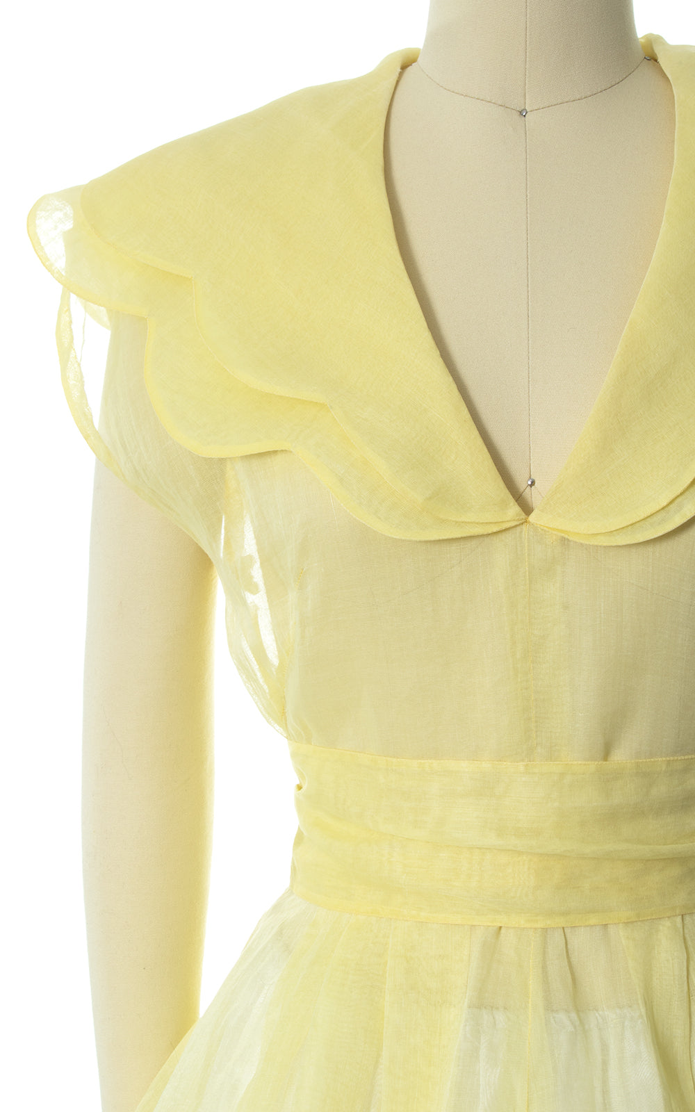 1950s Pastel Yellow Sheer Organza Scalloped Collar Dress