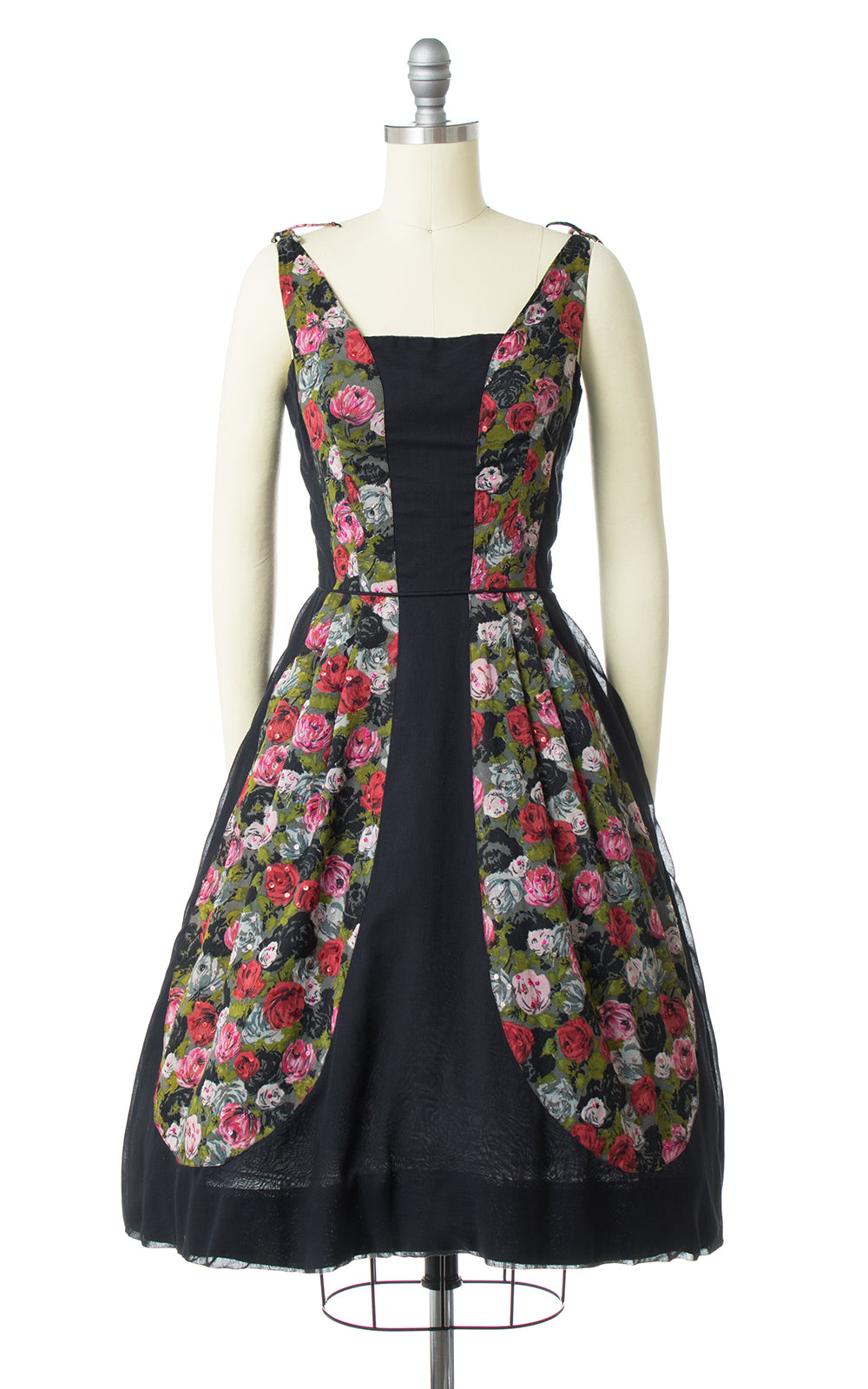 1950s Rose Blocked Black Cotton Sundress