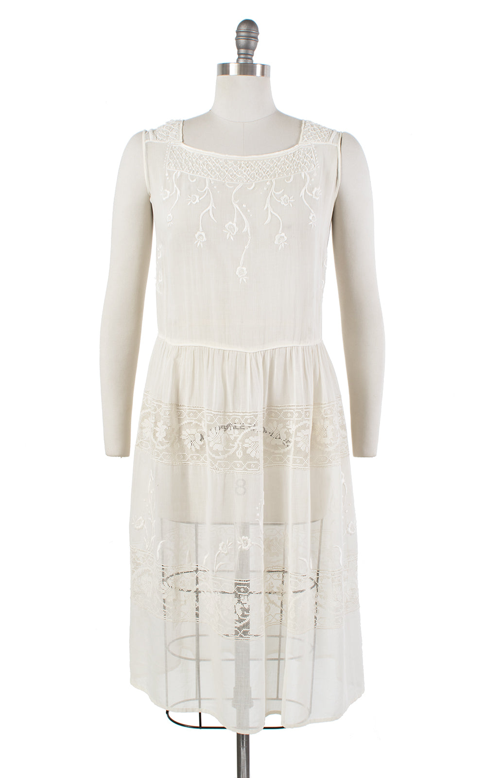 1920s Floral Embroidered Cream Sheer Cotton Voile Sundress