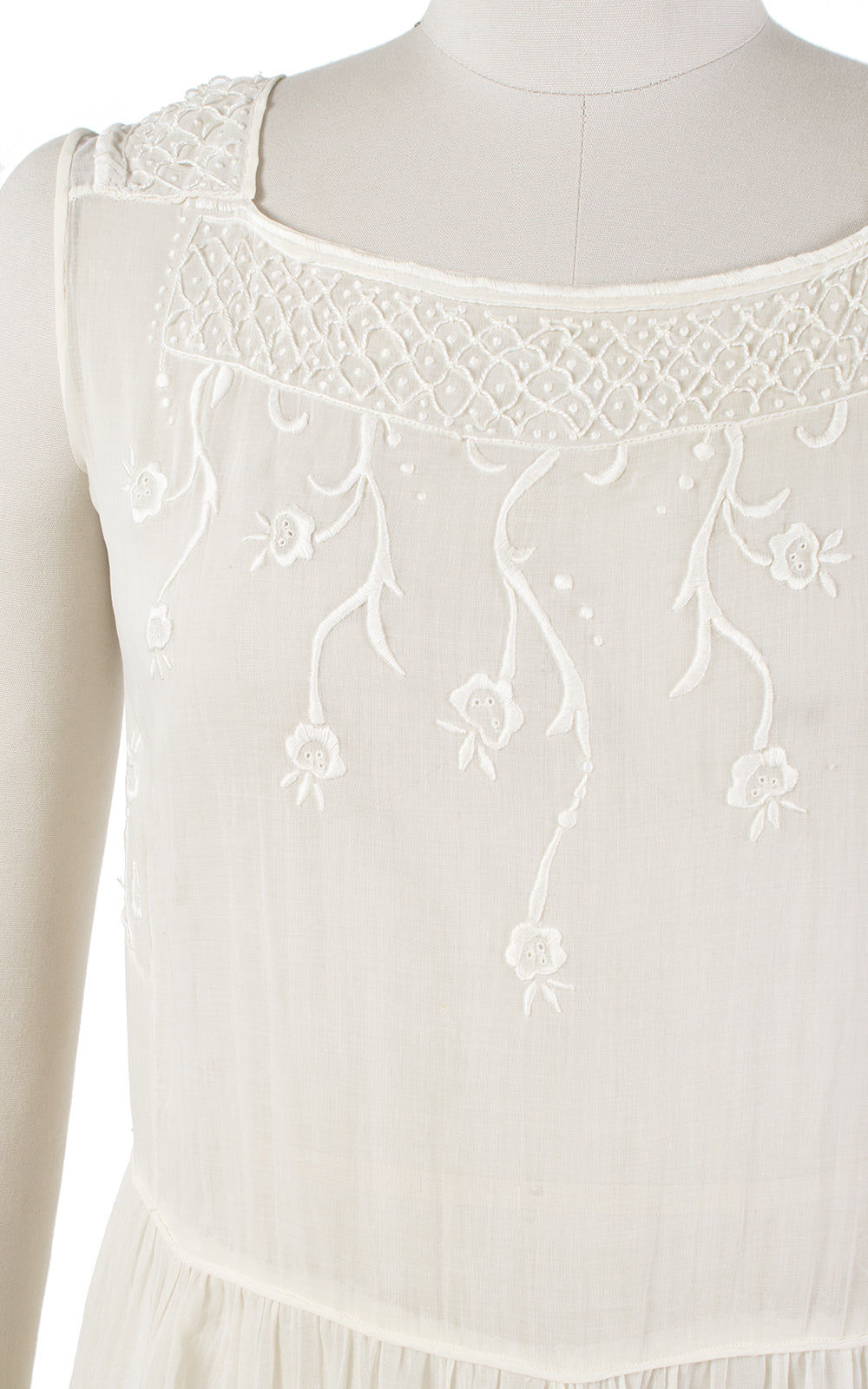 1920s Floral Embroidered Cream Sheer Cotton Voile Sundress