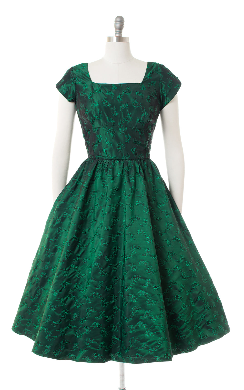 1950s Feather Novelty Satin Green Damask Party Dress