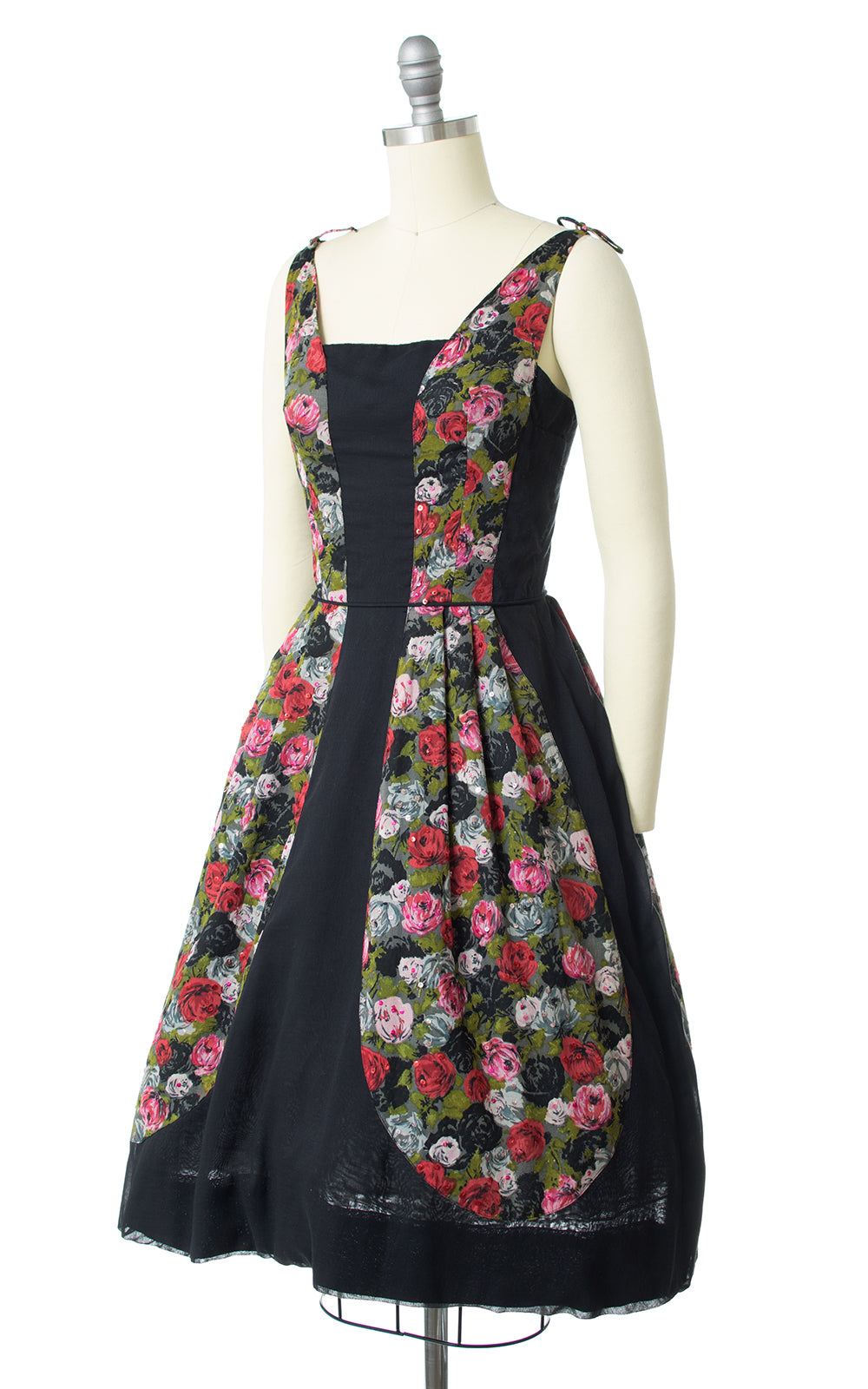 1950s Rose Blocked Black Cotton Sundress