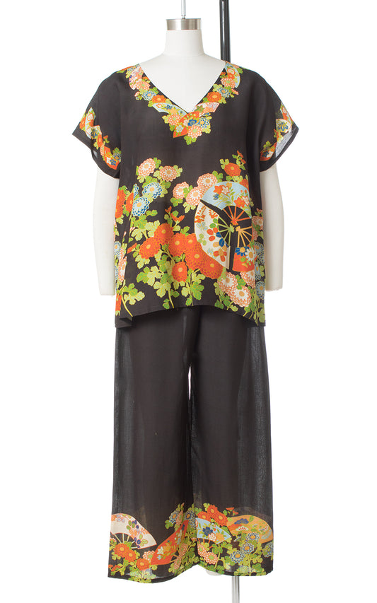 1920s 1930s Asian Floral Silk Loungewear Set