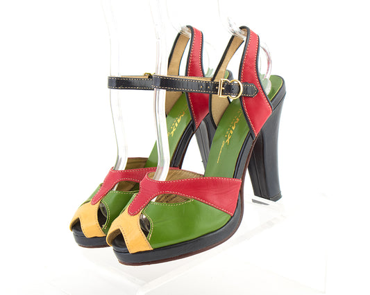 Re-Mix Vintage Style Color Block Leather Cutout Heels