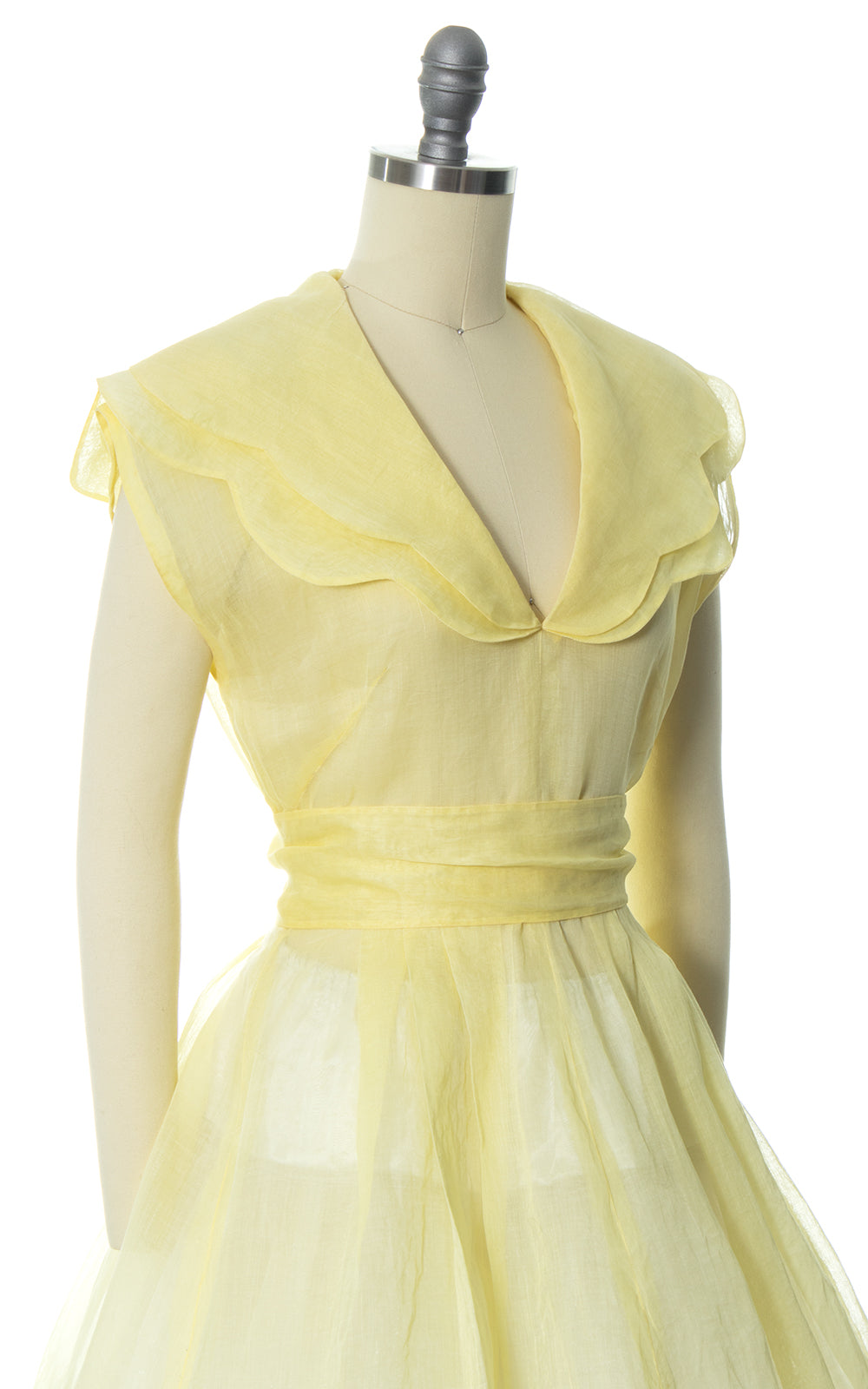 1950s Pastel Yellow Sheer Organza Scalloped Collar Dress