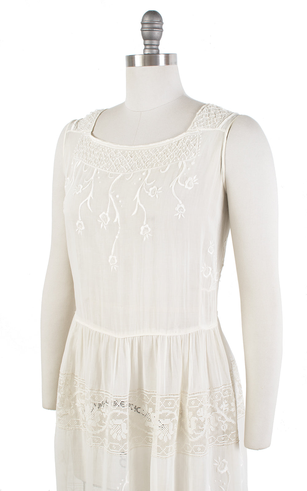 1920s Floral Embroidered Sheer Cotton Voile Summer Dress | small