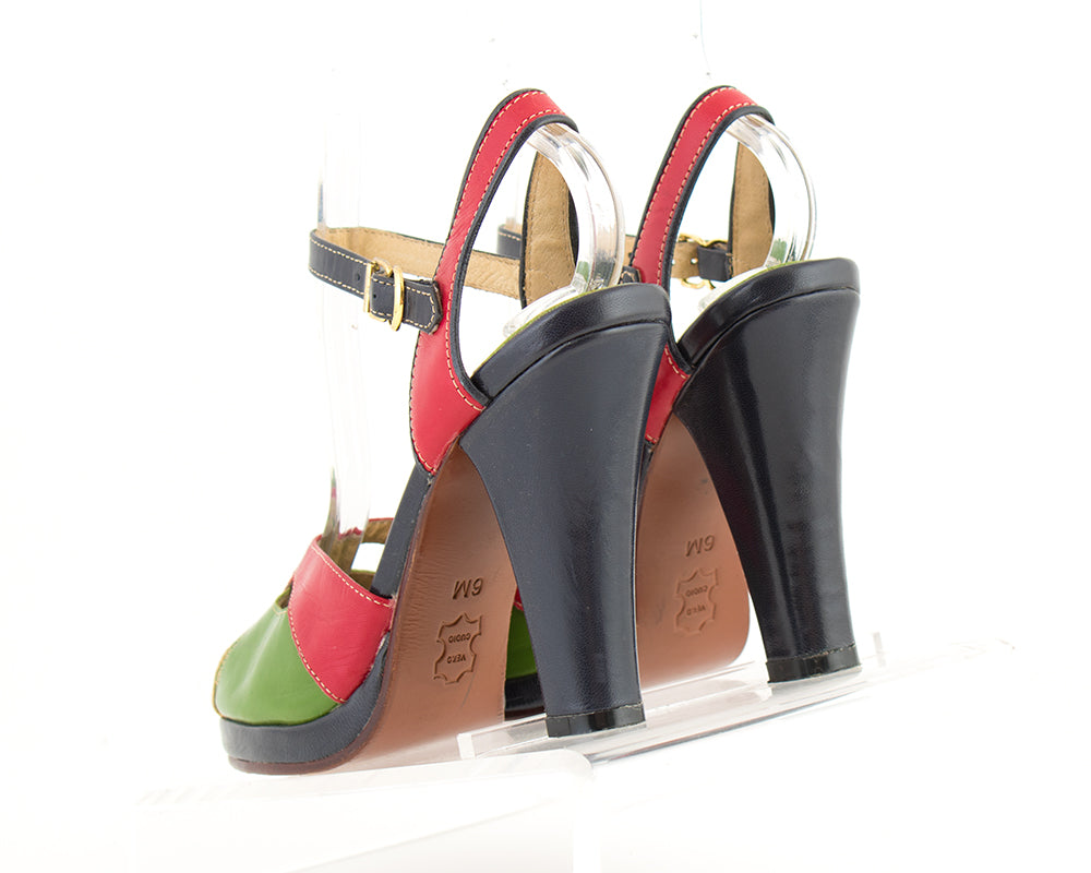 Re-Mix Vintage Style Color Block Leather Cutout Heels