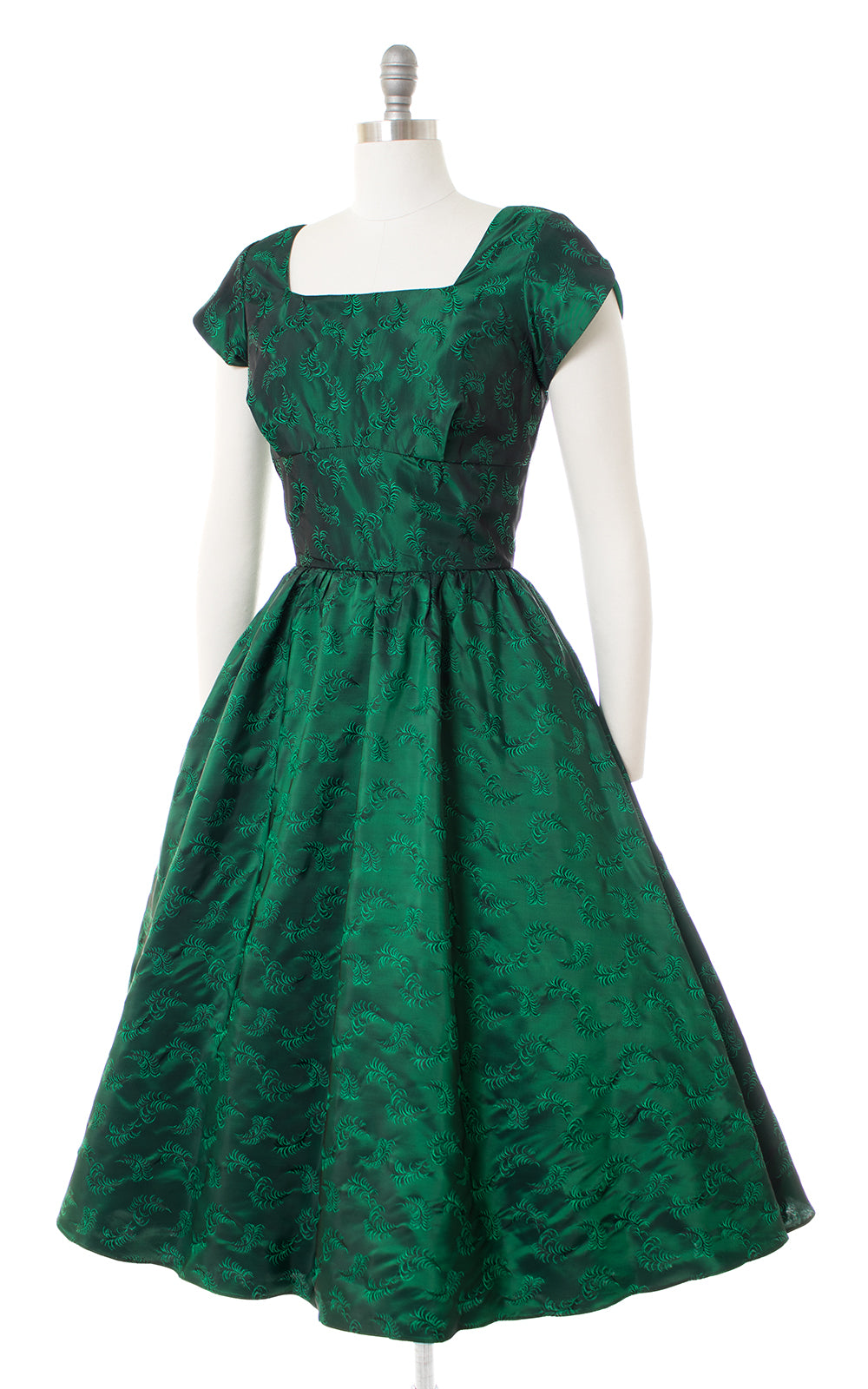 1950s Feather Novelty Satin Green Damask Party Dress