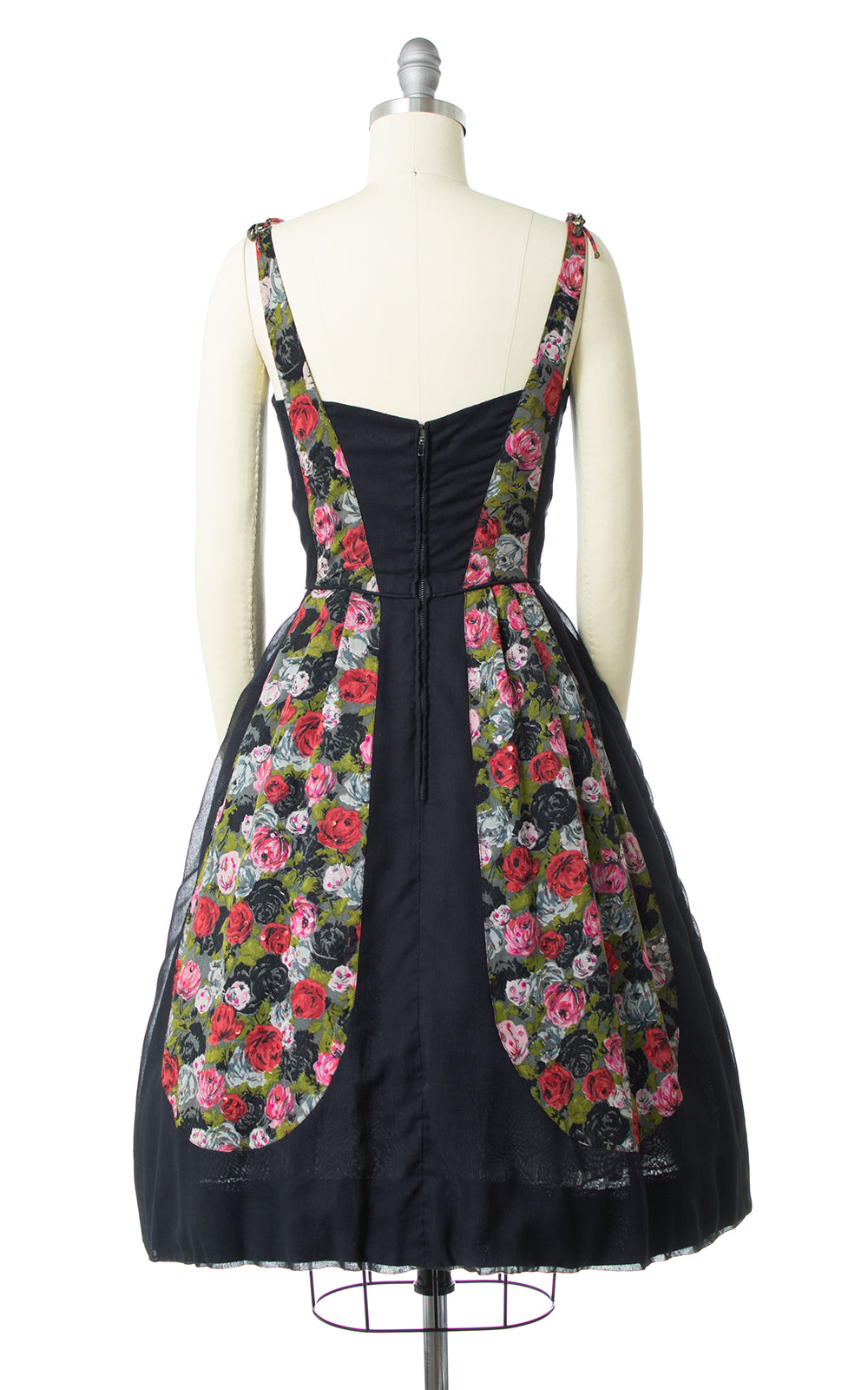 1950s Rose Blocked Black Cotton Sundress
