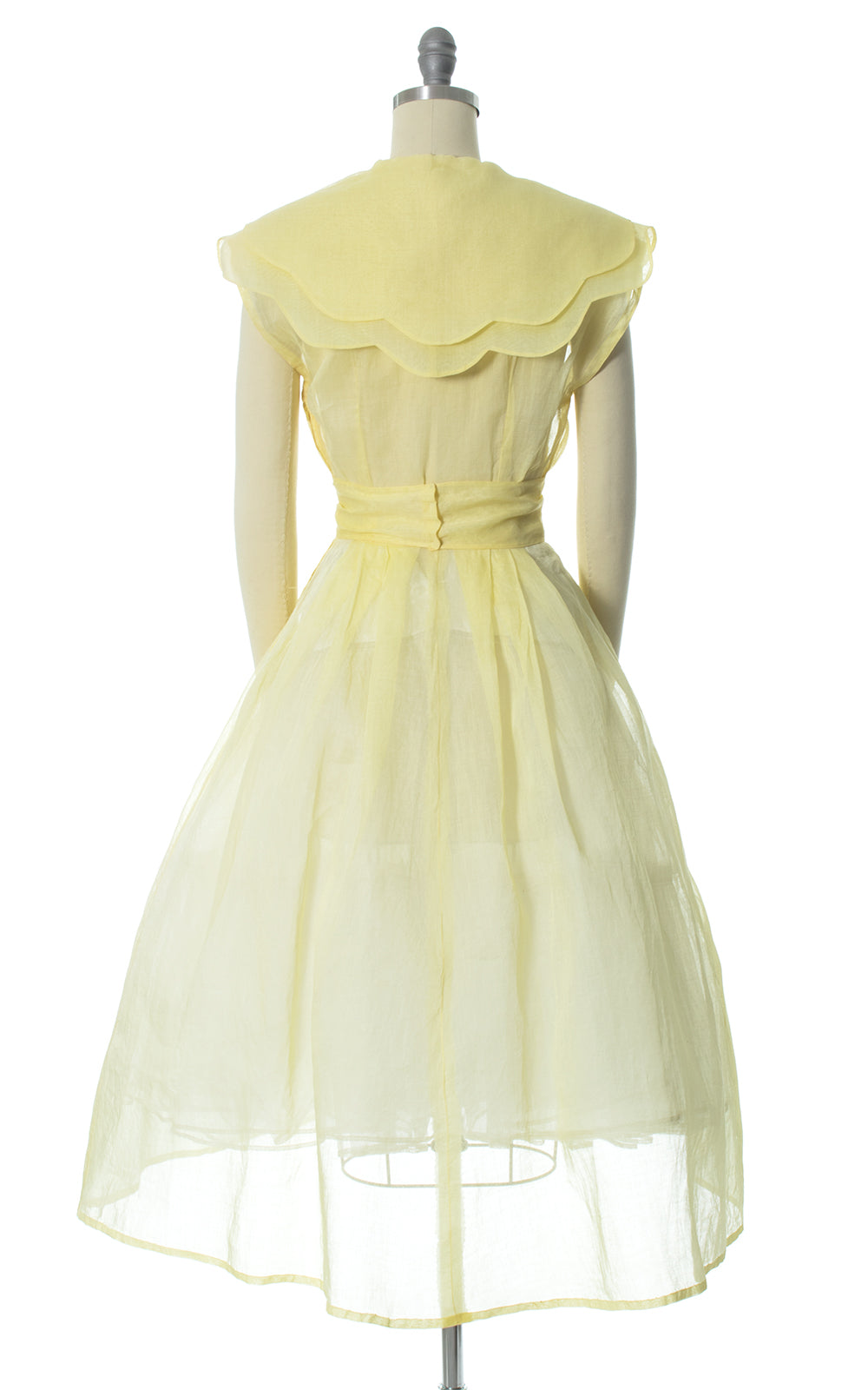 1950s Pastel Yellow Sheer Organza Scalloped Collar Dress