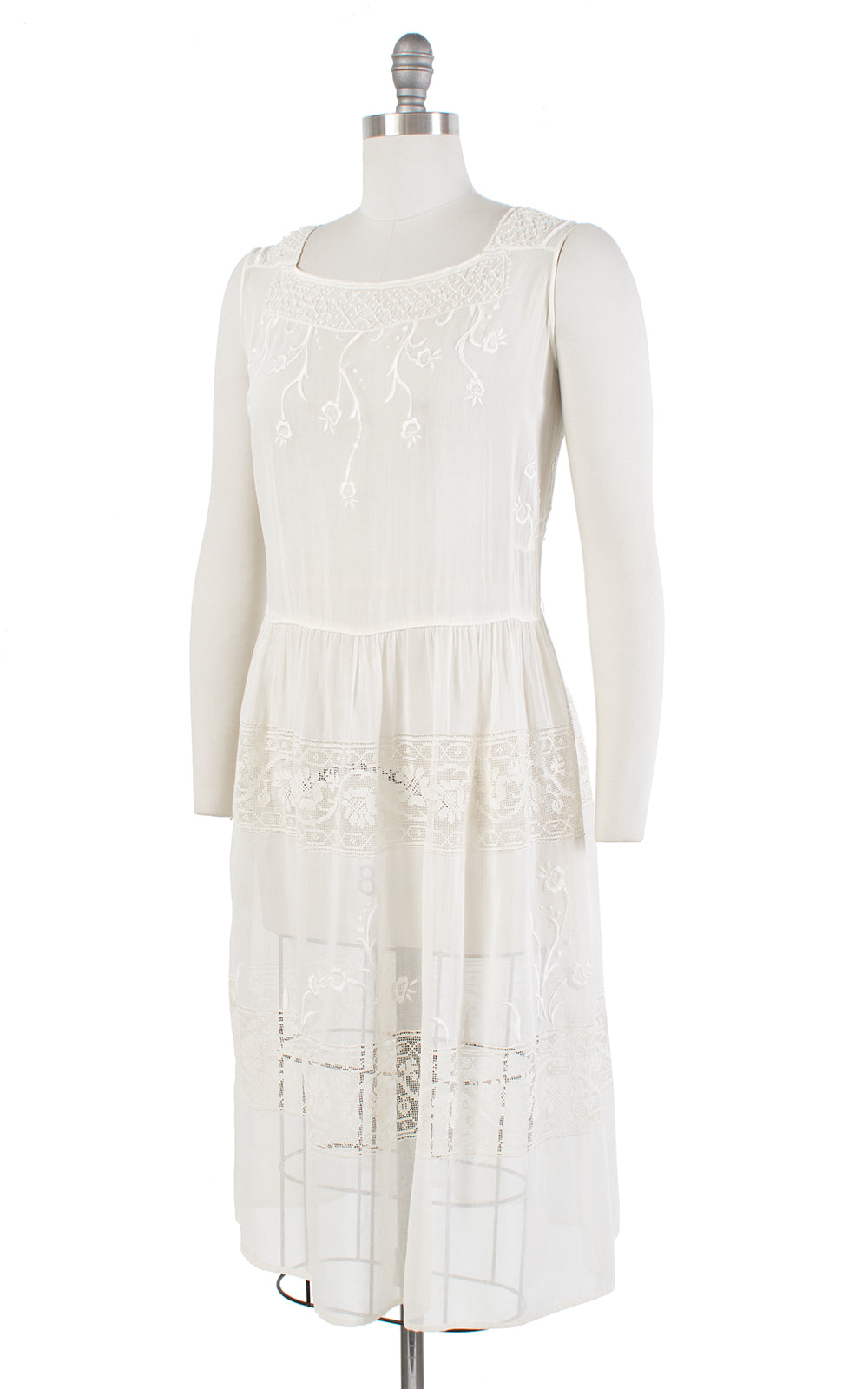 1920s Floral Embroidered Cream Sheer Cotton Voile Sundress