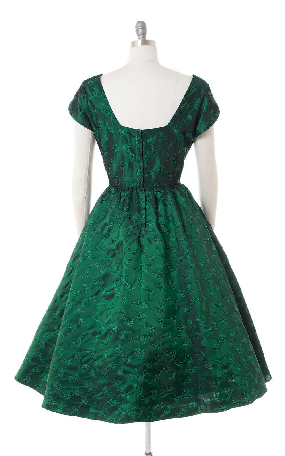 1950s Feather Novelty Satin Green Damask Party Dress