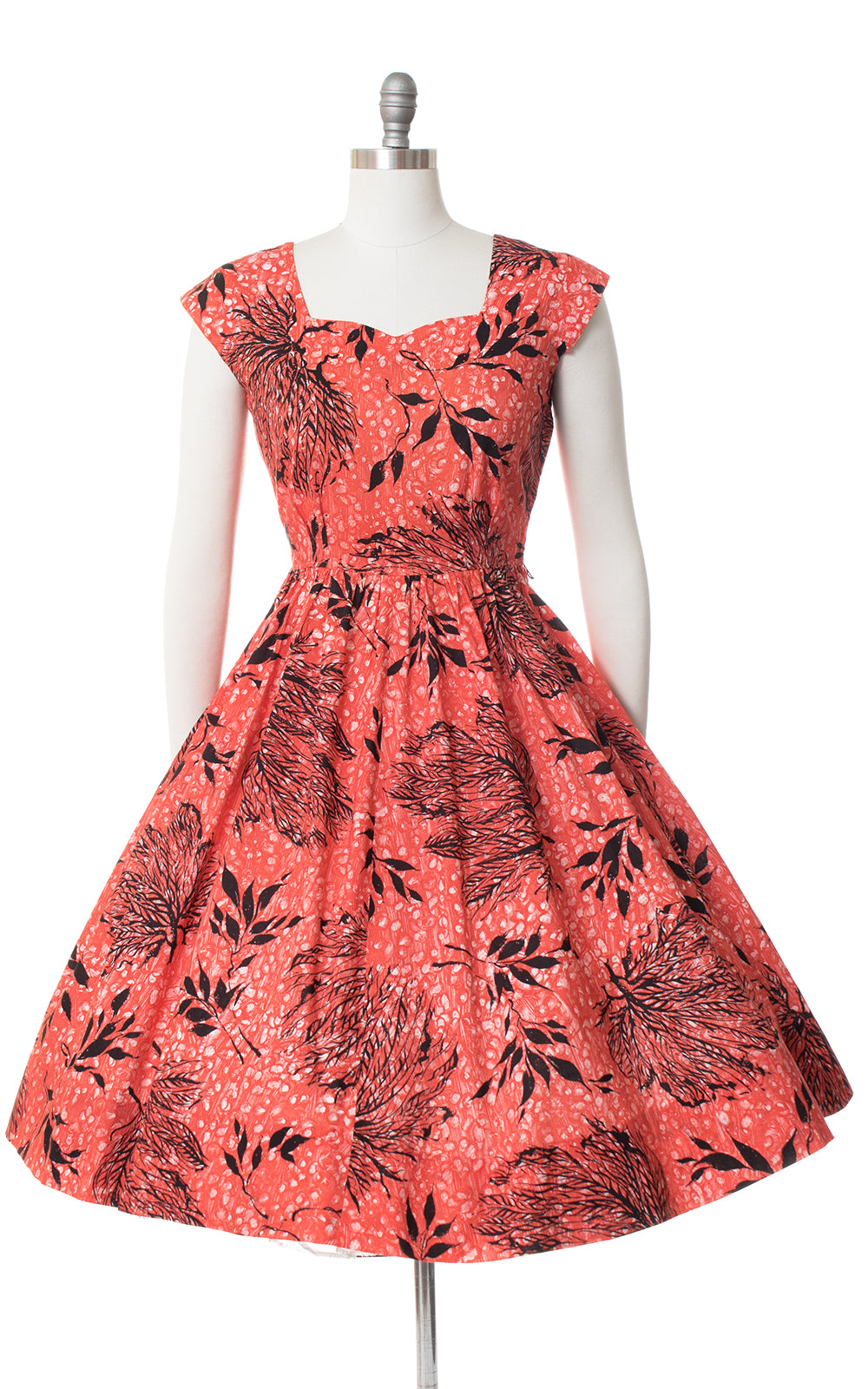1950s Coral Seaweed Printed Cotton Dress