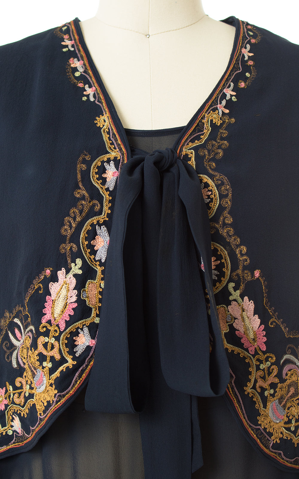 1920s Floral Chainstitch Silk Chiffon Dress & Vest Set