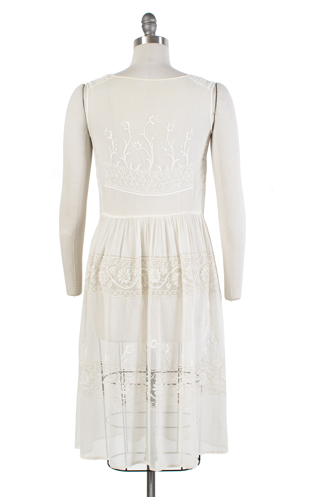 1920s Floral Embroidered Cream Sheer Cotton Voile Sundress