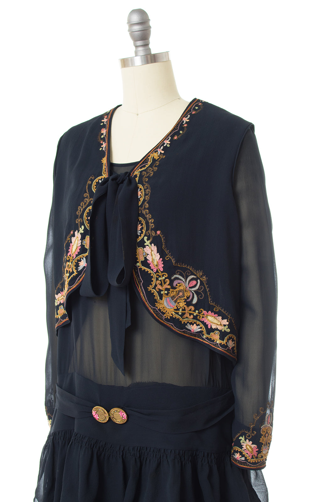 1920s Floral Chainstitch Silk Chiffon Dress & Vest Set
