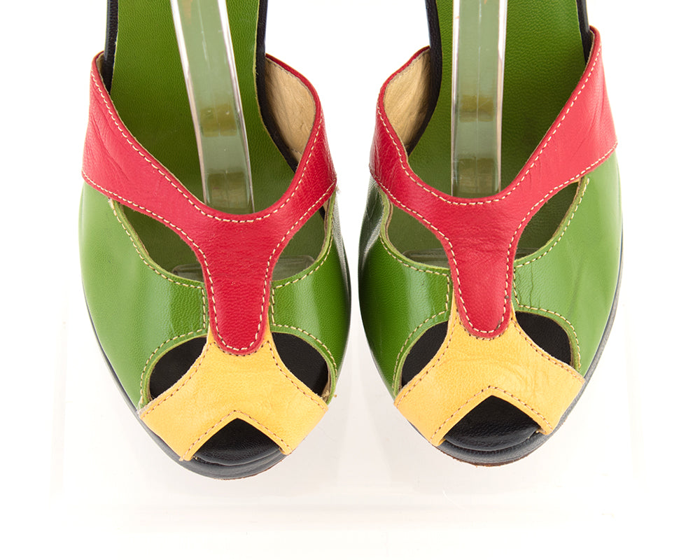 Re-Mix Vintage Style Color Block Leather Cutout Heels