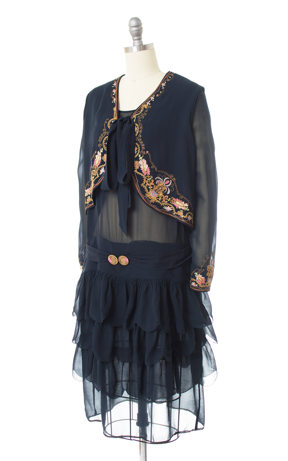 1920s Floral Chainstitch Silk Chiffon Dress & Vest Set