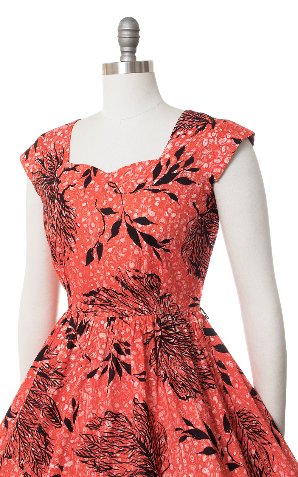 1950s Coral Seaweed Printed Cotton Dress