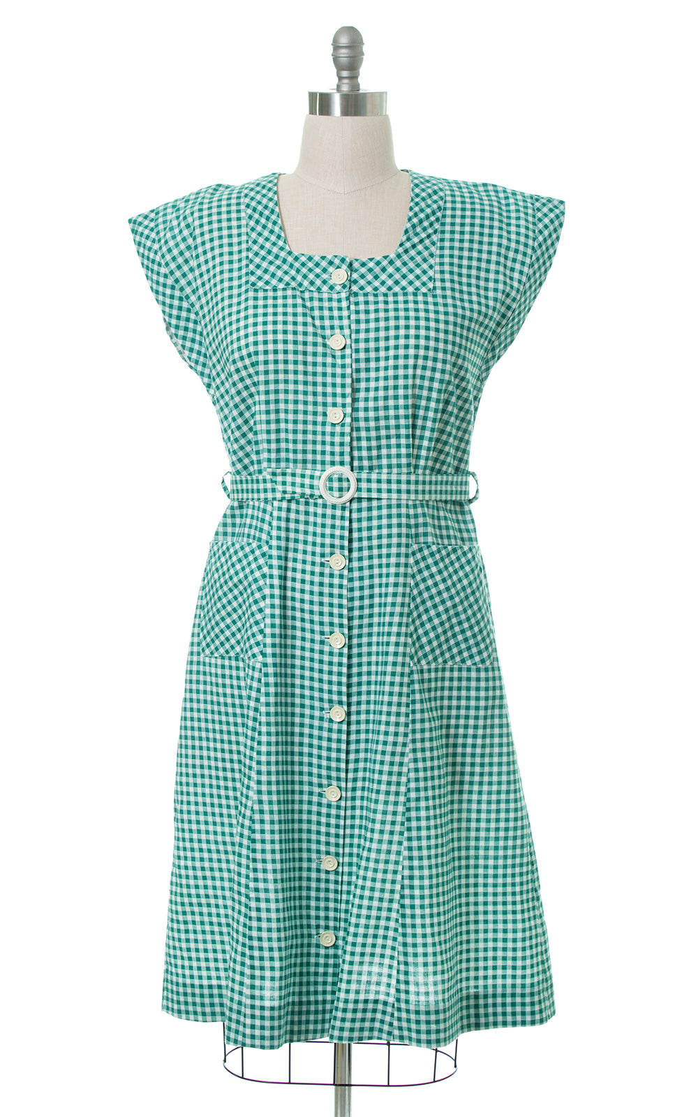1940s Green Gingham Shirtwaist Dress with Pockets
