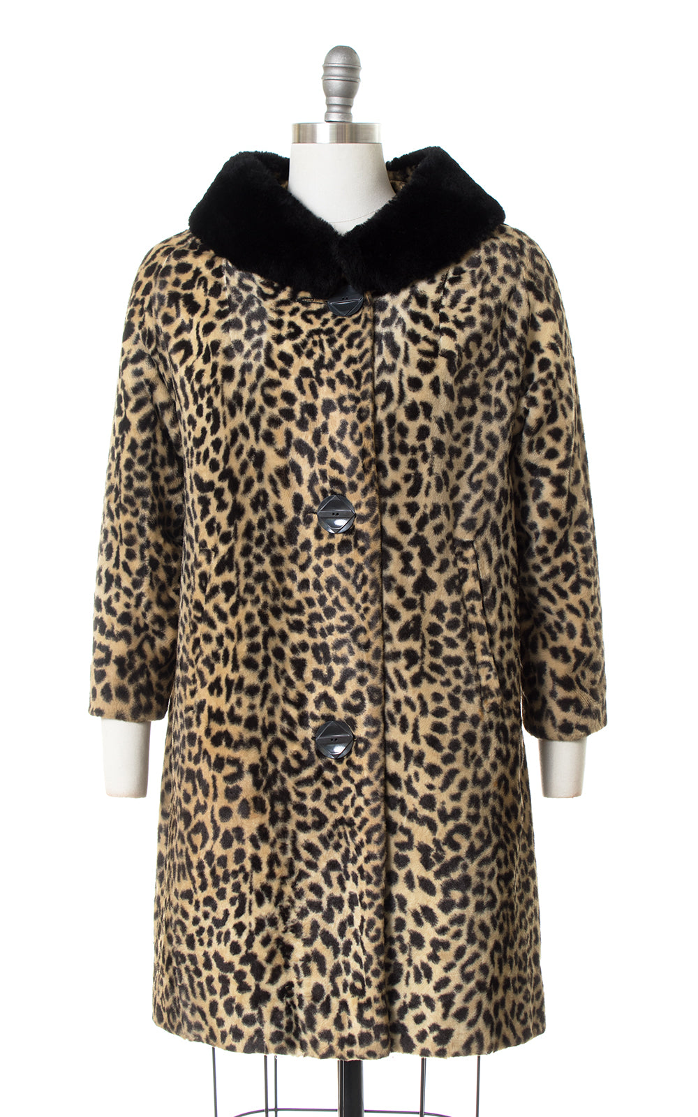 1960s Leopard Print Faux Fur Coat with Black Faux Fur Collar