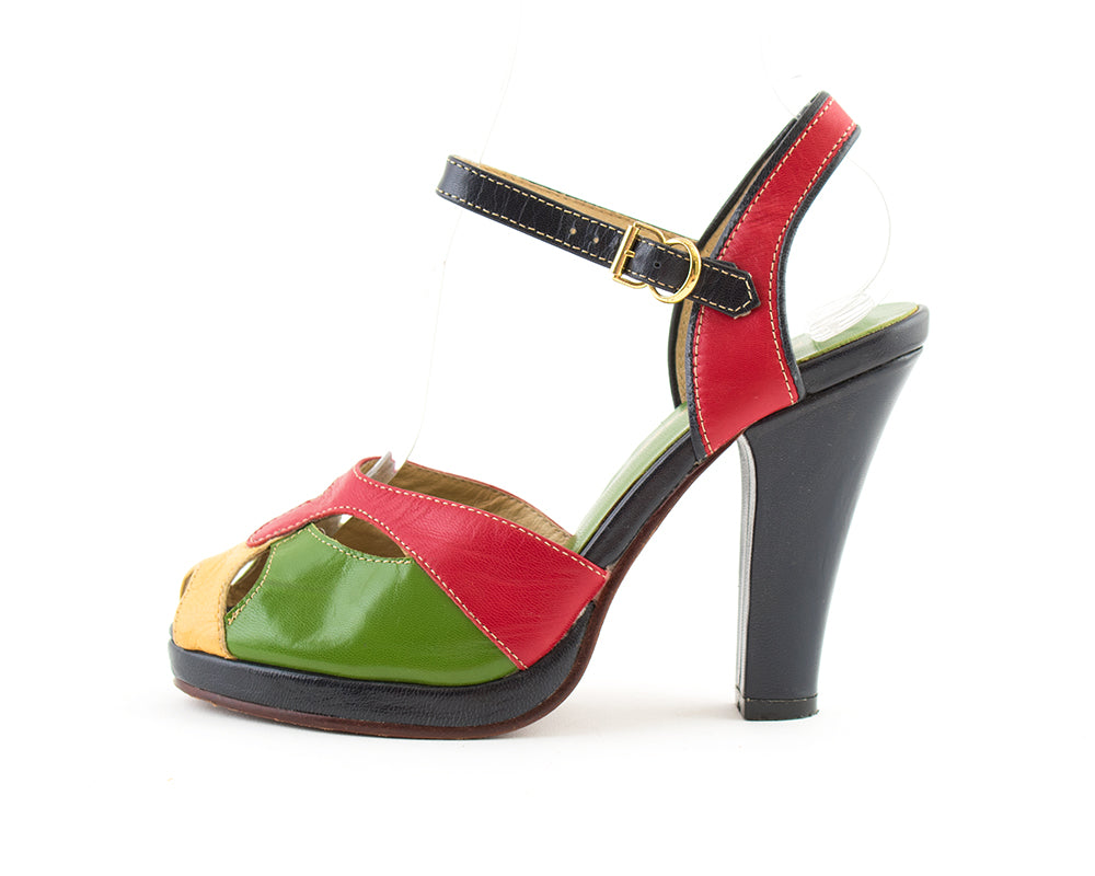 Re-Mix Vintage Style Color Block Leather Cutout Heels