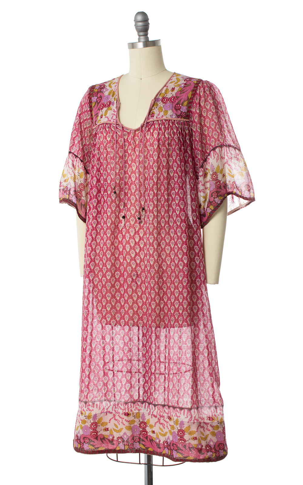 1970s Indian Cotton Pink Floral Dress