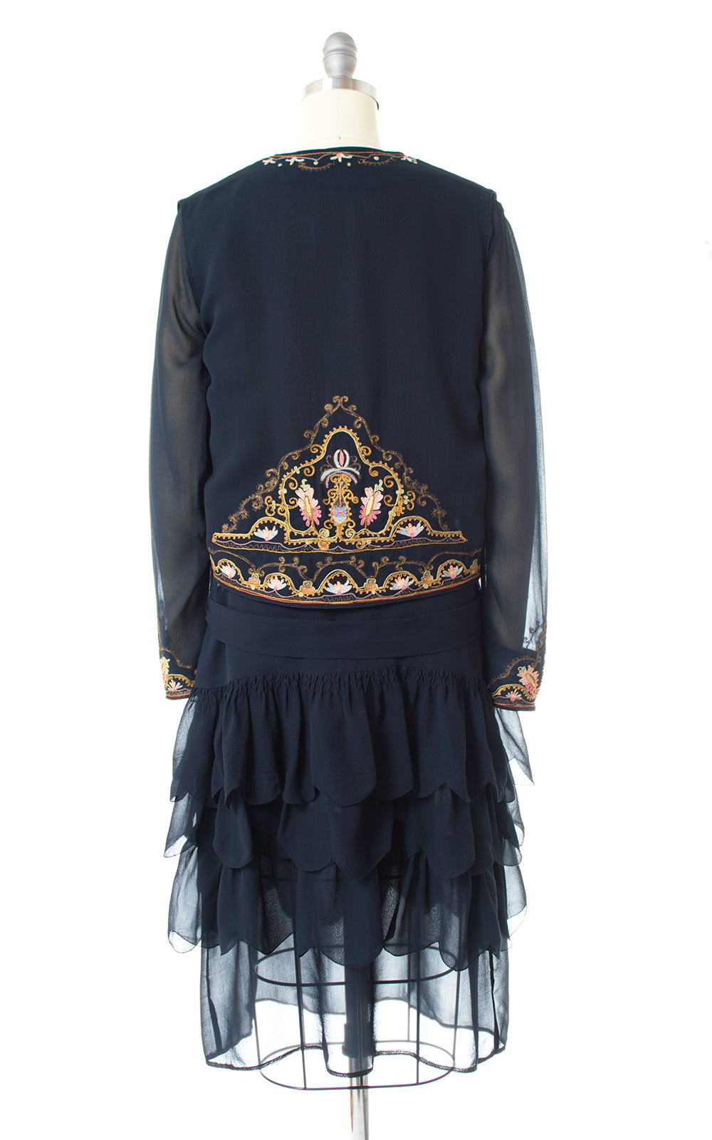 1920s Floral Chainstitch Silk Chiffon Dress & Vest Set