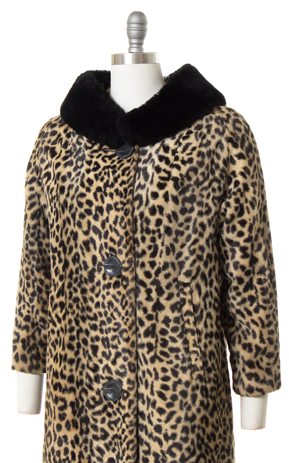 1960s Leopard Print Faux Fur Coat with Black Faux Fur Collar