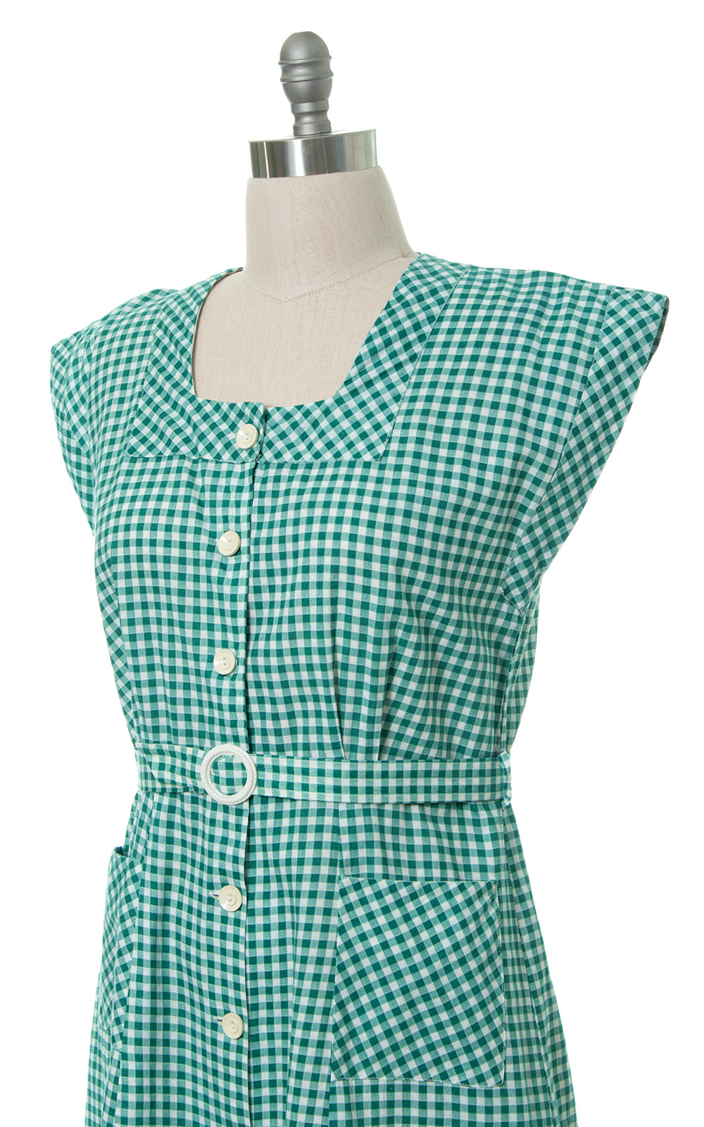 1940s Green Gingham Shirtwaist Dress with Pockets