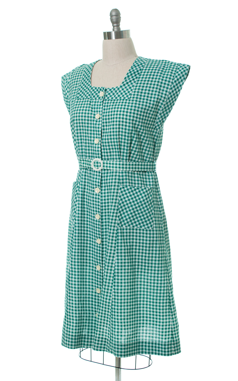 1930s 1940s Green Gingham Shirtwaist Dress with Pockets | x-large ...