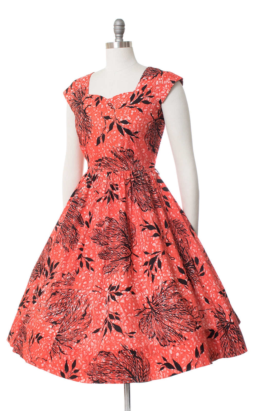 1950s Coral Seaweed Printed Cotton Dress