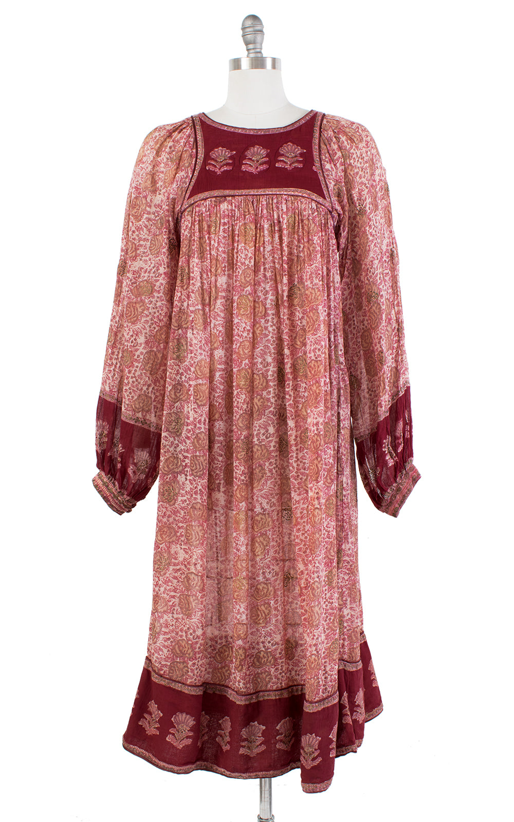 1970s Style Indian Cotton Floral Sheer Bohemian Dress