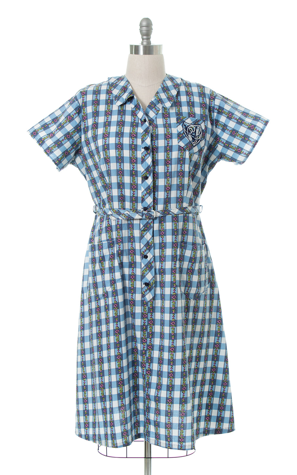 1950s Floral Gingham Cotton Shirtwaist Dress