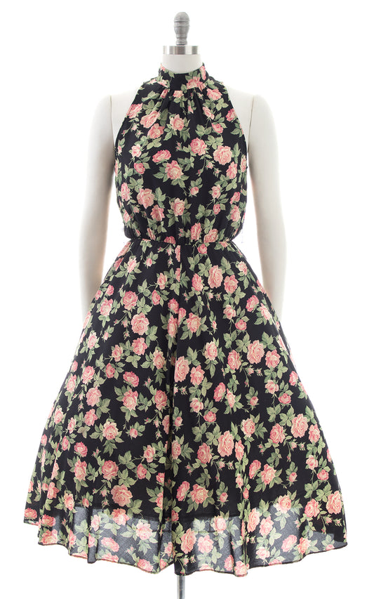 1980s Pink Rose Rayon Sundress with Pockets