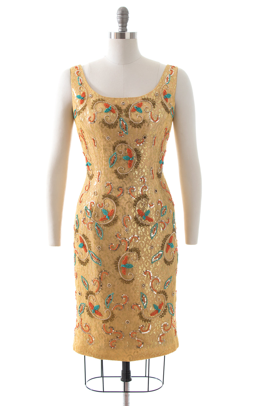 1960s Floral Beaded Sequined Gold Party Dress
