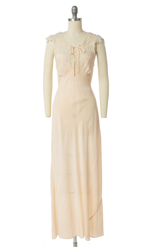 1940s Bias-Cut Peach Silk & Lace Nightgown