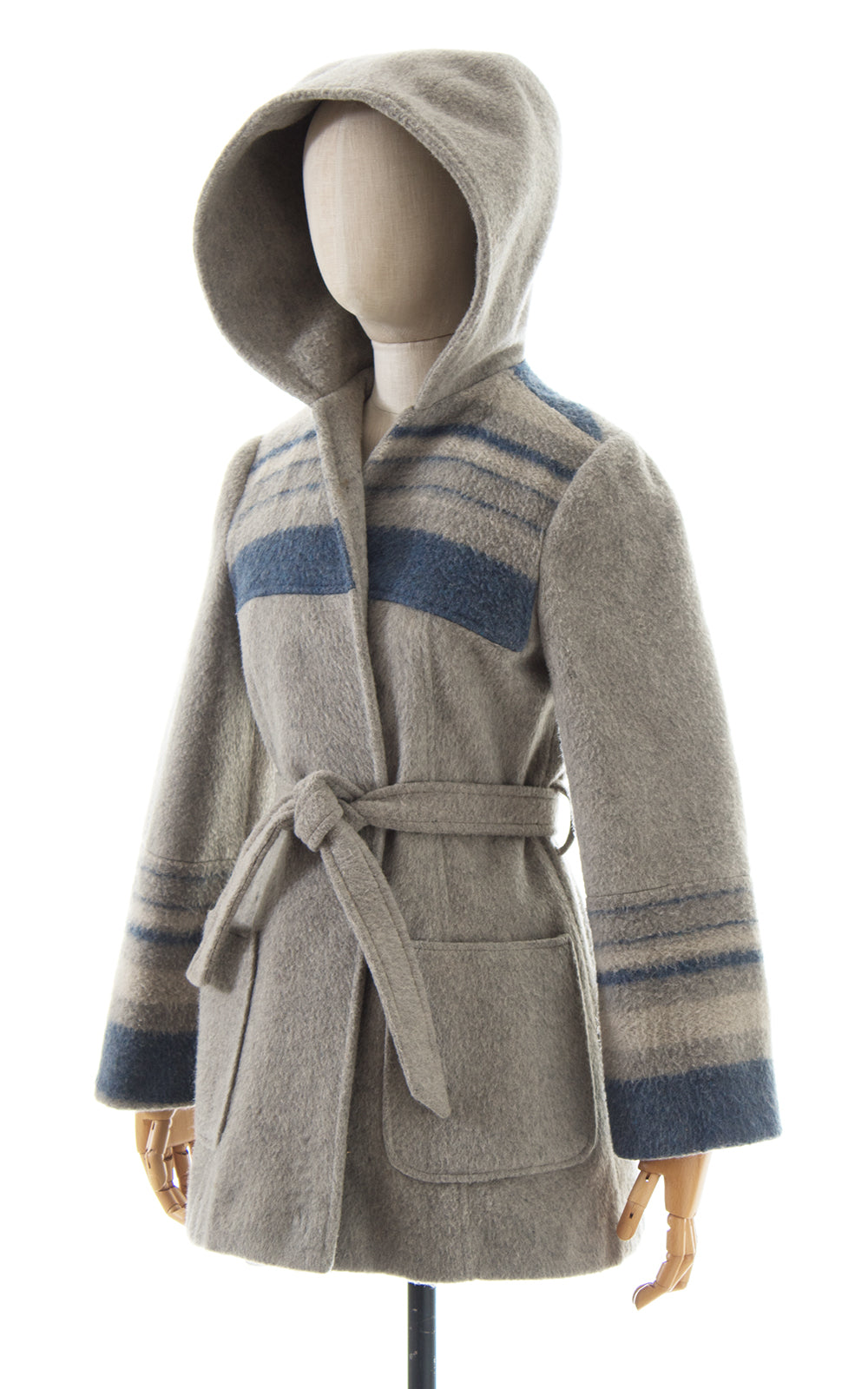 1970s Striped Wool Hooded Belted Coat