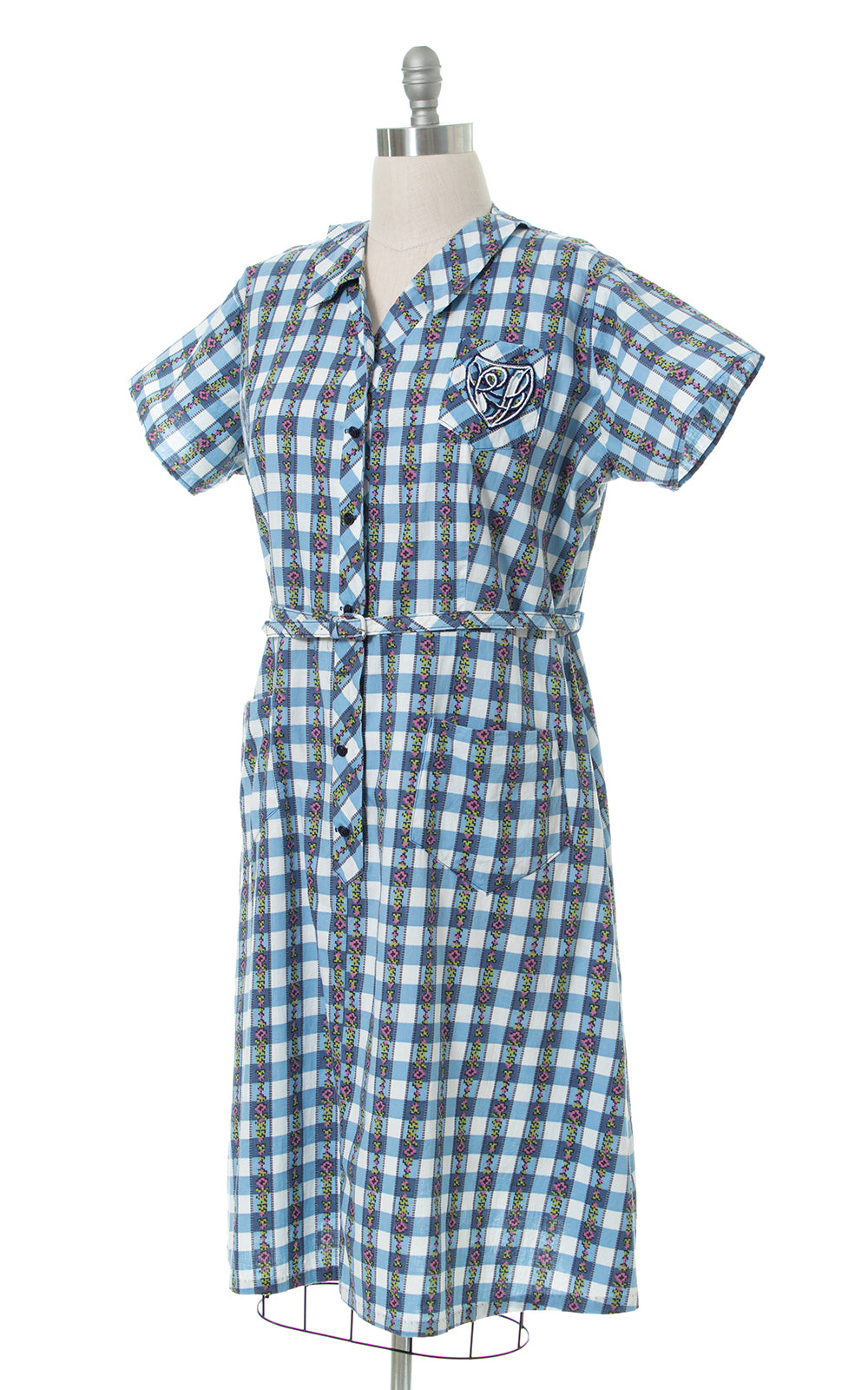 1950s Floral Gingham Cotton Shirtwaist Dress