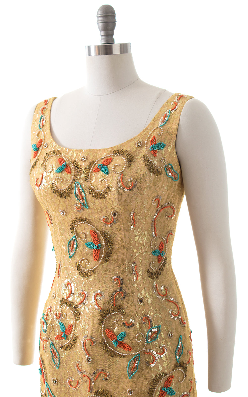 1960s Floral Beaded Sequined Gold Party Dress