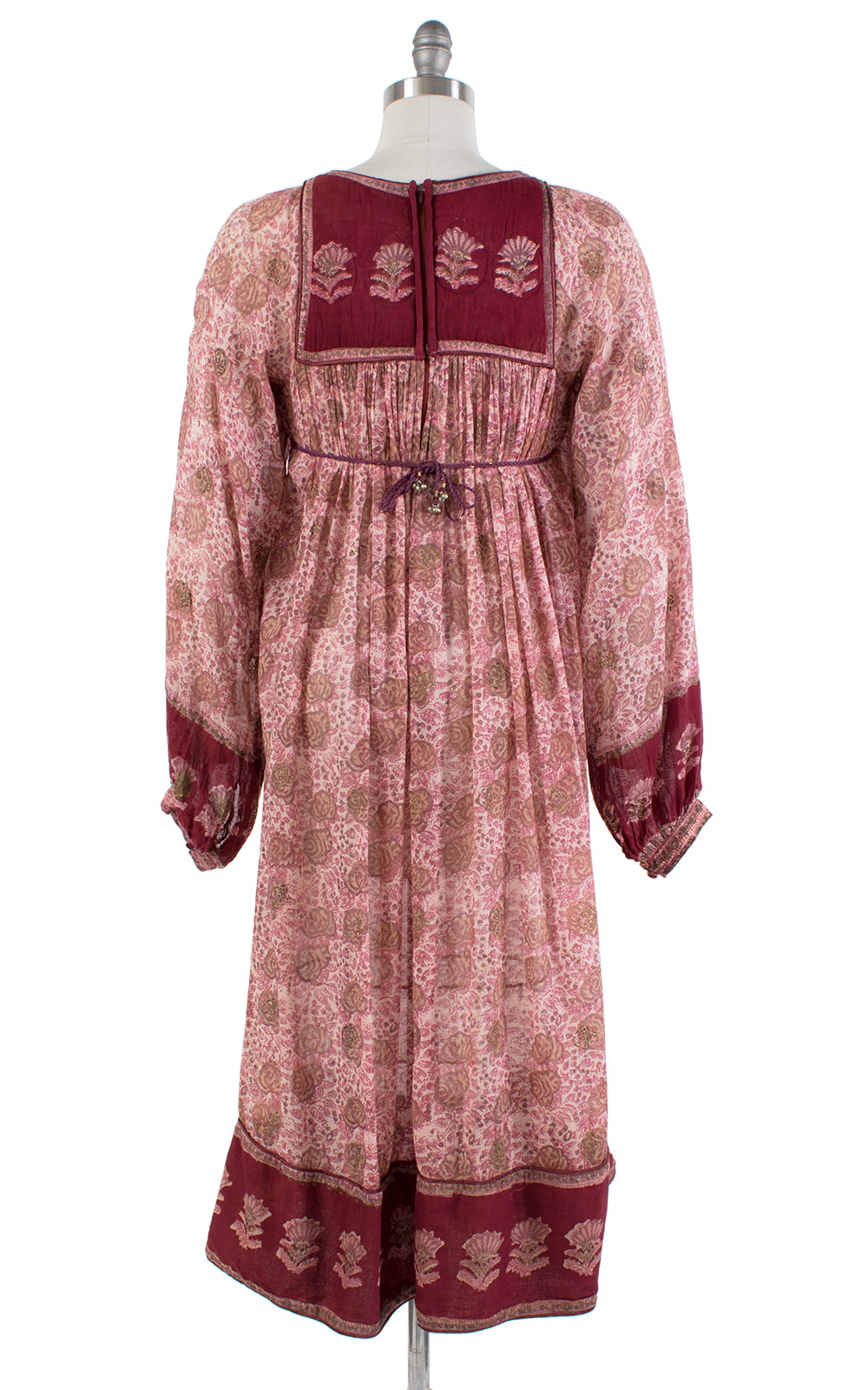 1970s Style Indian Cotton Floral Sheer Bohemian Dress