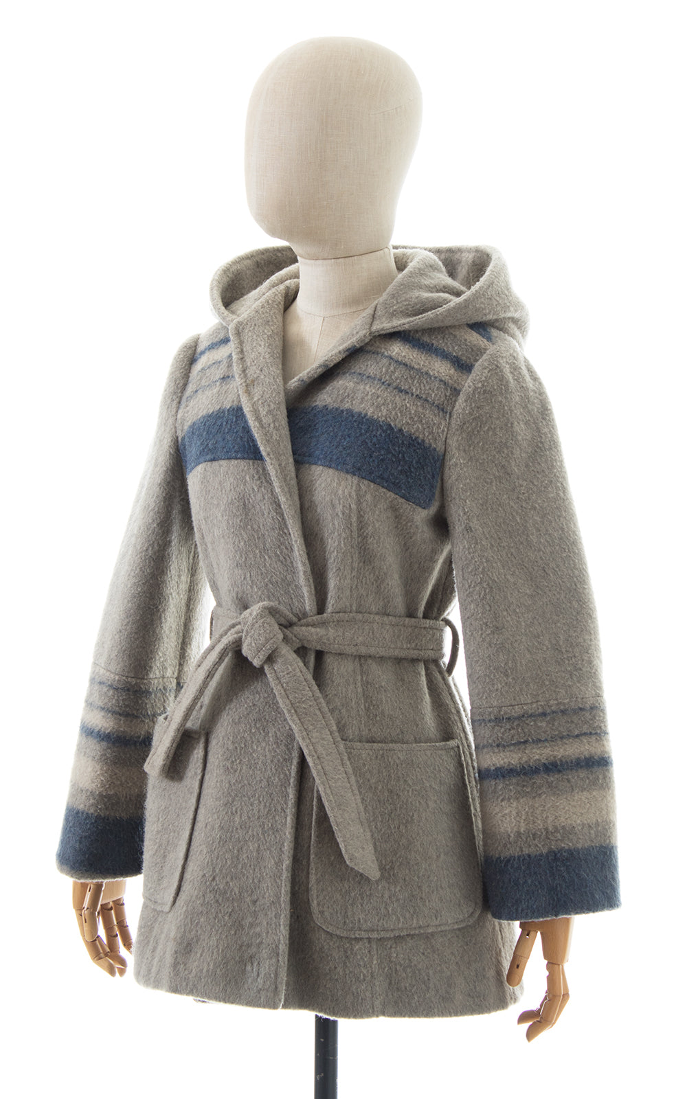 1970s Striped Wool Hooded Belted Coat
